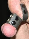 Leather ball stretcher and cock ring in use